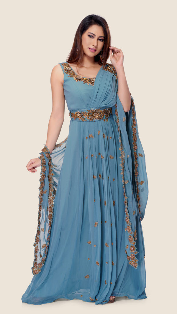 Buy Chhavvi Aggarwal Grey Bamberg Satin Embroidered Draped Saree Gown  Online  Aza Fashions