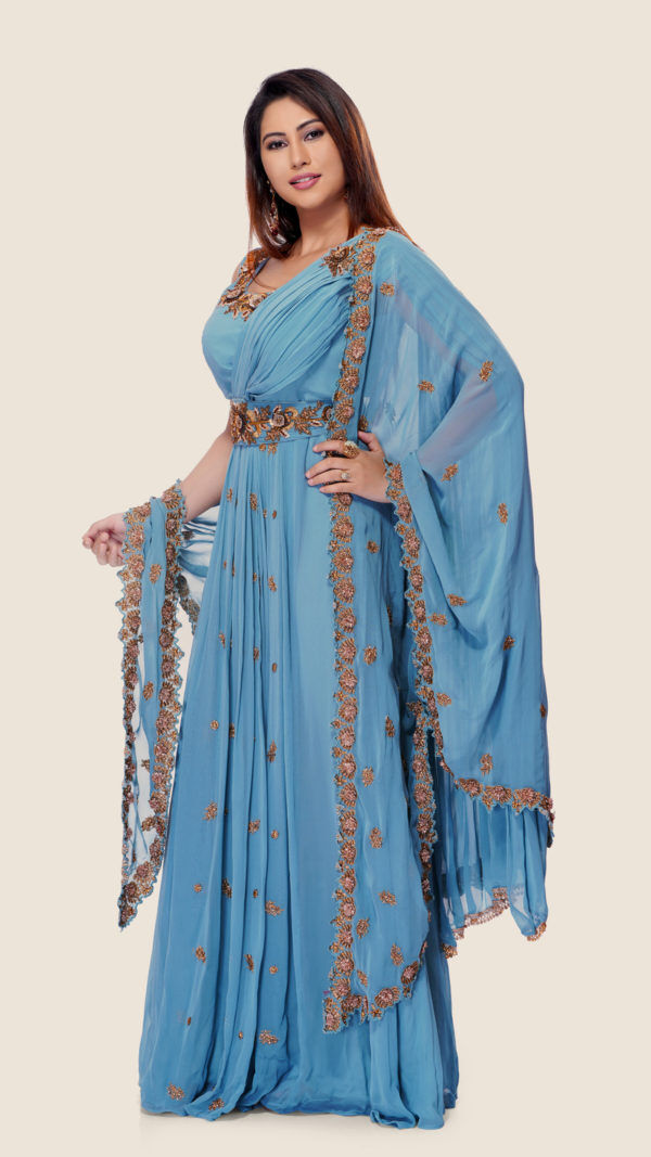 Buy Blue Raw Silk Embroidery Thread Round Saree Gown With Dupatta For Women  by Rishi and Soujit Online at Aza Fashions.
