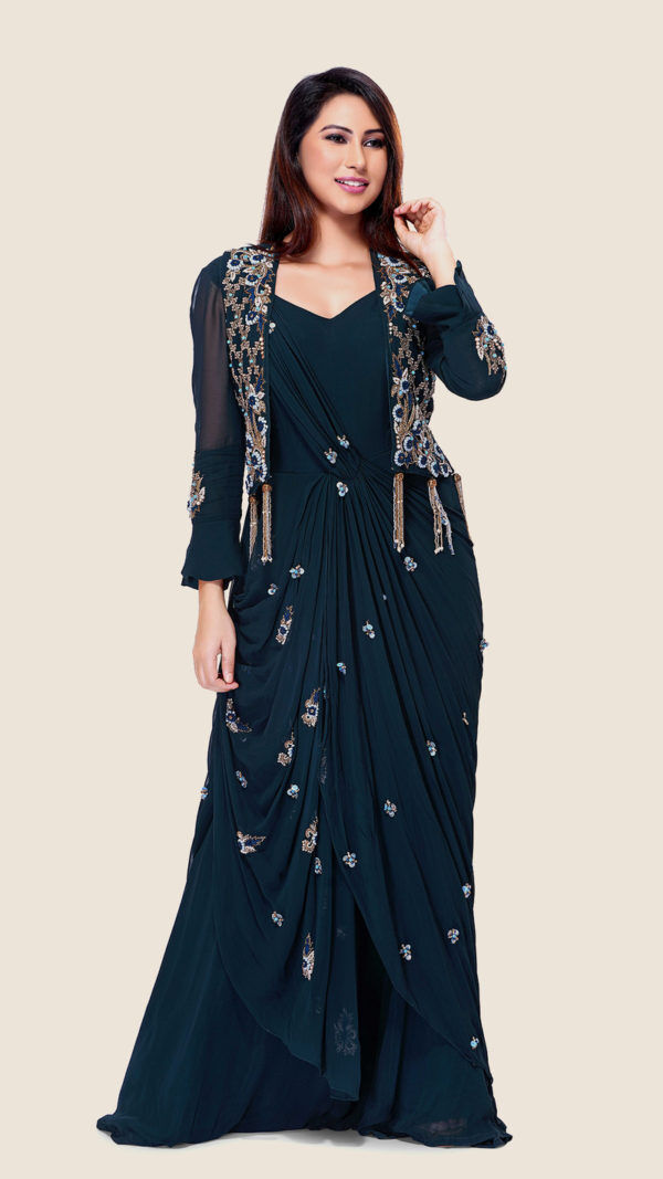 Shop Black Tropical Print Drape Saree Dress by AAKAAR at House of Designers  – HOUSE OF DESIGNERS